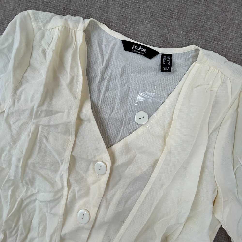 Whimsigoth Blouse Top Womens 2XS Beige Rayon Long Sleeve V Neck Tie Button Front